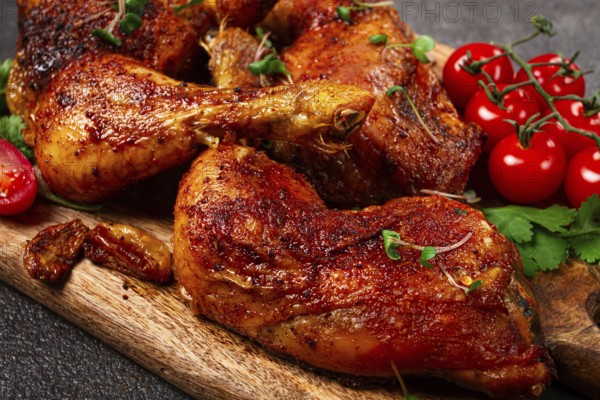 Grilled fried chicken legs, served with fresh cherry tomatoes, and herbs, on a wooden chopping board, homemade, no people