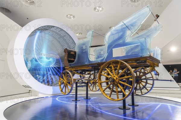 Porsche Museum Stuttgart-Zuffenhausen. Egger-Lohner C2 Phaeton electric car. model The automotive museum of Dr. Ing. h.c. F. Porsche AG shows racing cars and iconic cars from automotive history. interior view. Since opening in 2009, it has attracted over 6.5 million visitors. Stuttgart, Baden-Württemberg, Germany