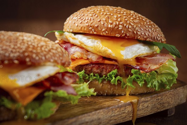 Two juicy burgers sit on a wooden board, each filled with lettuce, bacon, cheese, and fried eggs