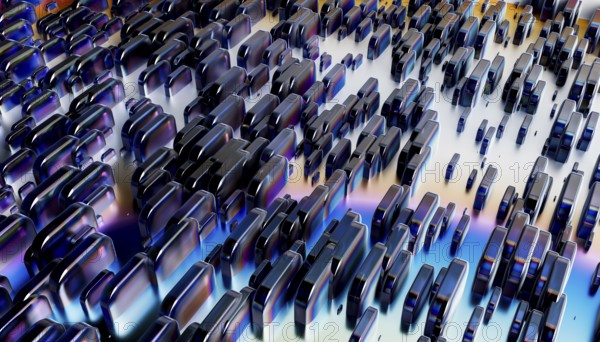 A captivating arrangement of metallic 3D shapes in varying sizes against an iridescent gradient background. The scene conveys a modern, futuristic aesthetic with depth and abstraction