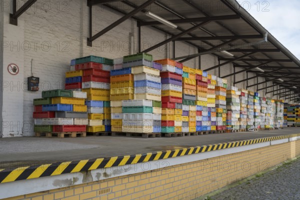 Numerous colored containers are stacked at a warehouse, Sassnitz, Rügen, Insel, Baltic Sea, Mecklenburg-Western Pomerania, Germany