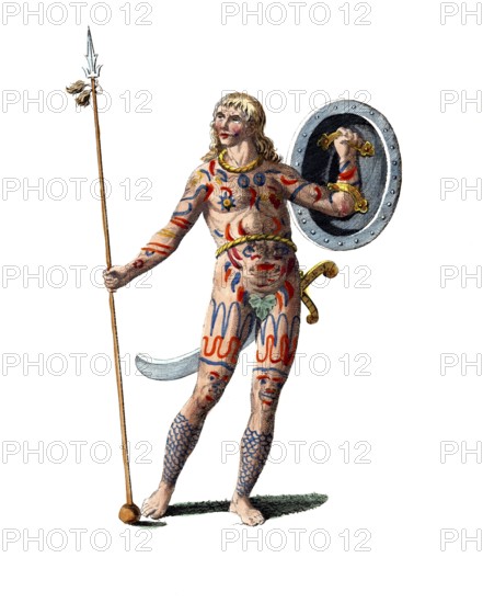 Historical clothing, fashion over time, clothing of a Picts around 1757, Scotland, digitally restored reproduction of an 18th/19th century model, exact date unknown, A painted warrior in exotic clothing with spear and shield and tattoo