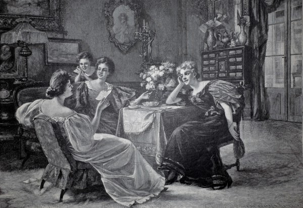 Scene shows a group of woman in a richly decorated salon and provides an insight into the fashion and home furnishings of the upper middle classes of that time, 1896, four woman, illustration, reproduction from a model from the 19th century. Authentic, file restored for optimal use, exact date of submission unknown, Historical, four woman talking in an elegant drawing room. The atmosphere is friendly and relaxed