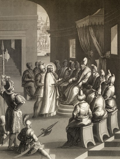 The Sanhedrin trial of Jesus, New Testament, steel engraving 1853, digitally restored