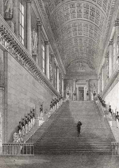 Staircase of the Chamber of Peers, Chambre des Pairs, Paris, antique steel engraved print, 1831