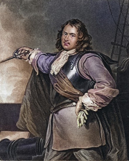 Robert Blake (1599-1657) English naval commander, born in Bridgwater, Somerset. During the English Civil War, he fought on the side of Parliament against Charles I. In 1649, Blake was appointed general at sea (admiral) and rebuilt the navy and revised naval tactics. Copper engraving, digitally restored reproduction from a 19th century original, record date not stated