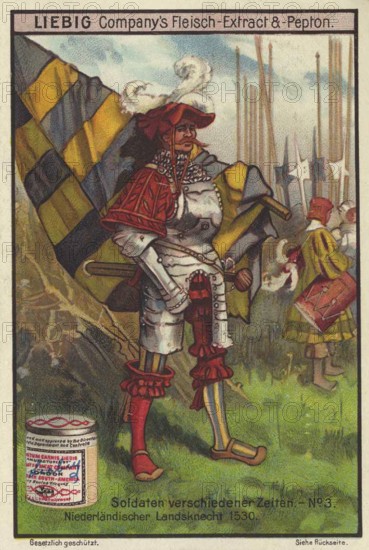 Picture series Soldiers of different times, Landsknecht around 1530 from Holland, Liebig picture, digitally restored reproduction of a collector's picture from around 1900, public domain, exact date unknown, A colourful warrior with armour and flag in a medieval army