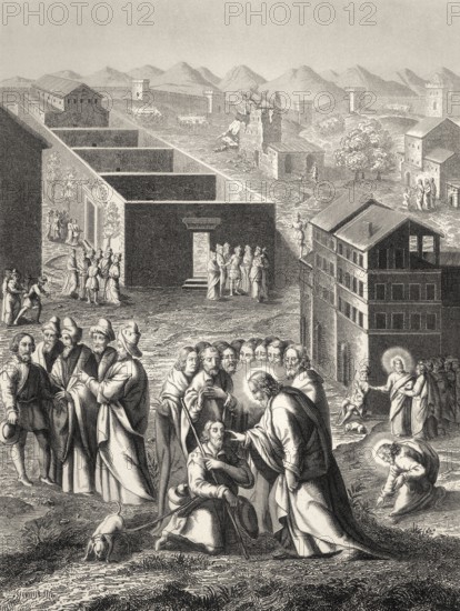 Healing the man blind from birth, New Testament, steel engraving 1853, digitally restored