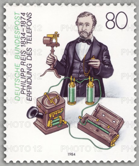 Postage stamp, Telephone transmitter mechanism by Johann Philipp Reis, 1834 – 1874, German scientist and inventor