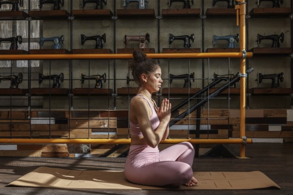 A woman practices yoga meditation in an industrial style room, surrounded by vintage sewing machines. She sits cross legged, eyes closed, on a mat, embodying peace