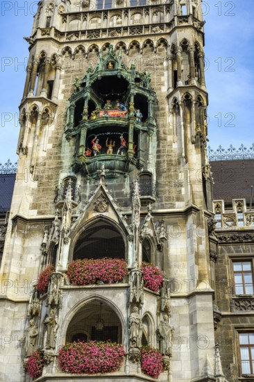 Detail of the tower and main façade of the New Town Hall on Marienplatz in Munich, Bavaria, Germany