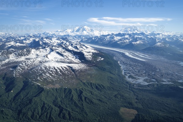 Kahlitna Glacier, Mt Foraker and Mt Denali or Mount McKinley, aerial view, Alaska Range, Denali National Park, Alaska, USA