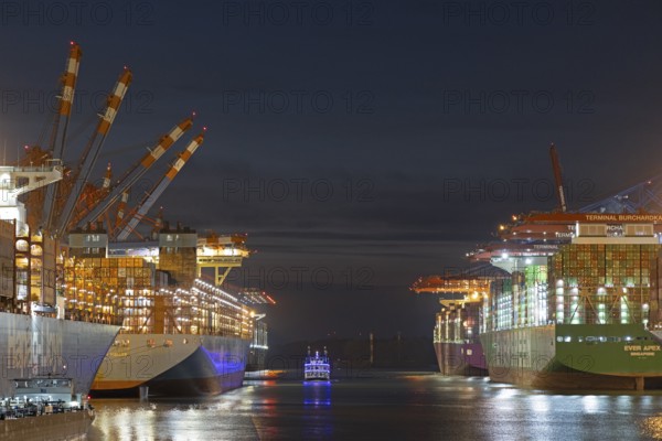 Blue Hour, container port, Eurogate and Burchardkai container terminals, container ships, Raddamper Louisiana Star, Waltershof, Hamburg, Germany