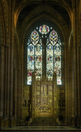 East window and altar, interior of Anglican Cathedral Church of Christ in Liverpool, Liverpool cathedral, Liverpool, England, UK