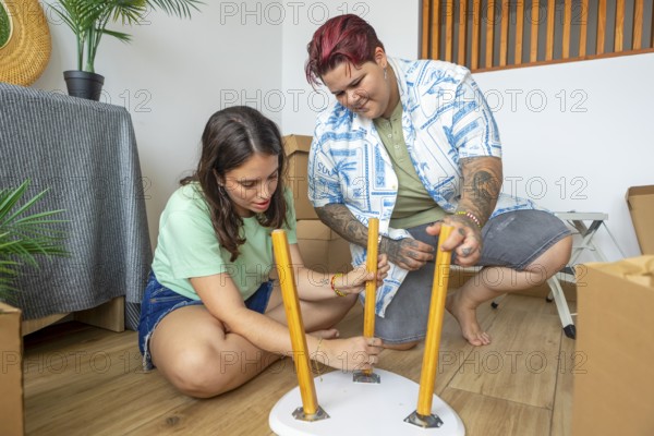 Lesbian friends assembles a small table in their new home, surrounded by boxes. They work together on the wooden legs, creating a welcoming atmosphere of moving house