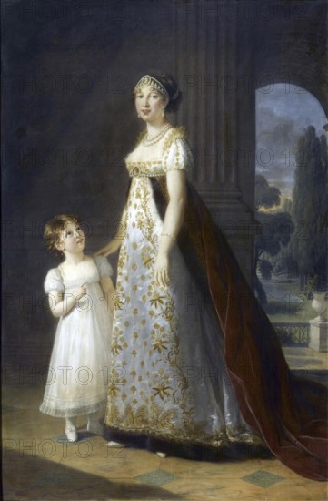 Caroline Murat née Bonaparte (25 March 1782, 18 May 1839), actually Maria Annunziata Carolina Buonaparte was Queen of Naples and the youngest sister of Napoléon Bonaparte. Caroline as the 25-year-old Grand Duchess of Berg with her daughter, Princess Laetitia, Historical, digitally restored reproduction from a 19th century original, Record date not stated