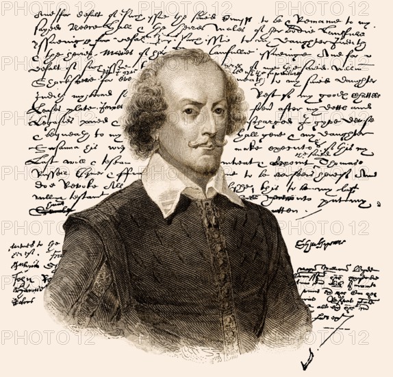 Porträt und Faksimile des Testaments von William Shakespeare, 1564 - 1616, einem englischen Dramatiker, Dichter und Schauspieler