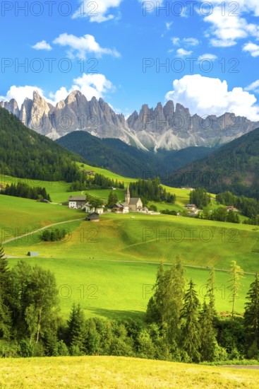 Green meadows and santa maddalena church under the odle mountain group in the italian dolomites during a sunny summer day