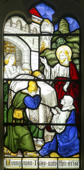 Detail stained glass window of Christ's life, Burlison & Grylls c 1880, Kelsale church, Suffolk, England, UK, Young Man Arise