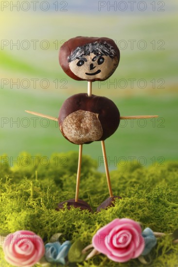 Chestnut figure standing on Iceland moss with pink decorative roses, alienation, North Rhine-Westphalia, Germany