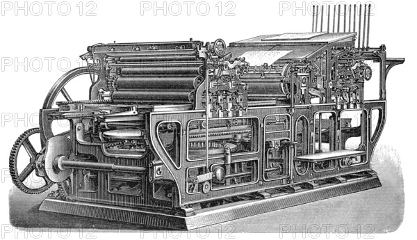 Historical illustration, 19th Century, Industrial printing press, Koenig & Bauer, Druckmaschine, Schnellpresse für Buchdruck, historische Zeichnung, 19. Jahrhundert