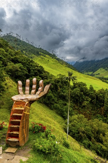 Giant hand installation, Cocora valley, Unesco site coffee cultural landscape, Salento, Colombia