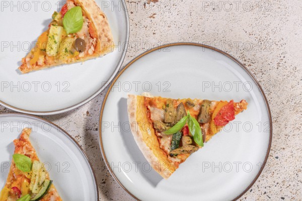 Delicious vegetarian pizza slices topped with vibrant zucchini, eggplant, olives, and basil. Served on ceramic plates, this savory meal is perfect for lunch or dinner