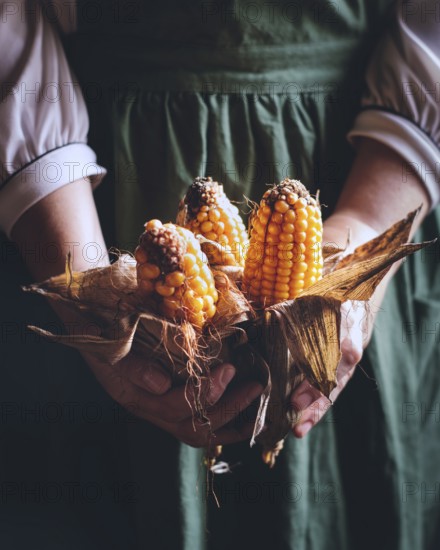 Close-up of hands holding ripe corn cobs with husks in a warm, rustic setting. The vibrant orange and yellow kernels contrast beautifully with the background, highlighting nature bounty