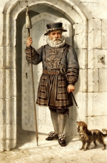A Yeoman Warder of Her Majesty's Royal Palace and Fortress the Tower of London, or Beefeater, ceremonial guardian of the Tower of London, United Kingdom, 19th century