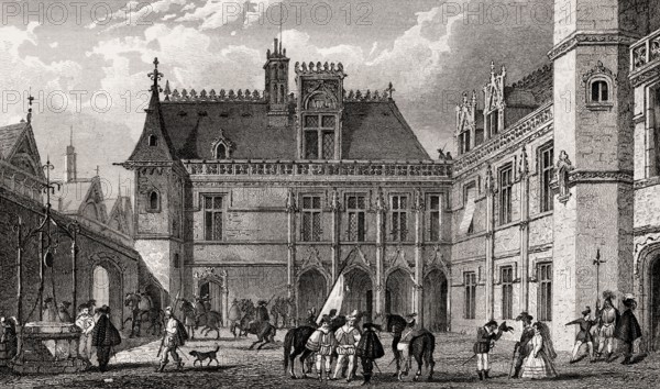 Hôtel de Cluny, Paris, 15th century, antique steel engraved print, 1831