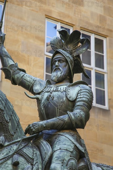 Equestrian statue of Count Eberhard im Bart, Eberhard I, Duke, bronze statue, detail, public art, large sculpture, horse, sword, armour, Altes Schloss Stuttgart, former moated castle, princely residence, 14th century seat of the Counts of Württemberg, court chamber, today Renaissance castle, architect Aberlin Tretsch, Württemberg State Museum, historic building, architecture, castle courtyard, state capital, Stuttgart, Baden-Württemberg, Germany