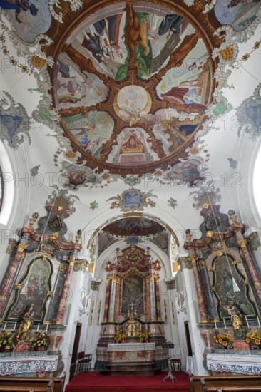 Church, baroque basilica St. Mang, interior view with ceiling fresco, Füssen, Ostallgäu, Bavaria Germany