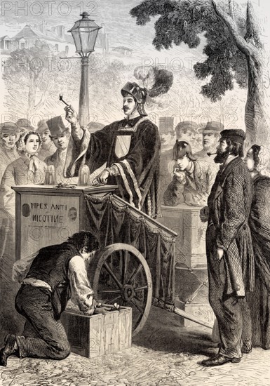 Anti-nicotine pipe merchant, demonstration by Claude Cotte, Paris, France, 1862