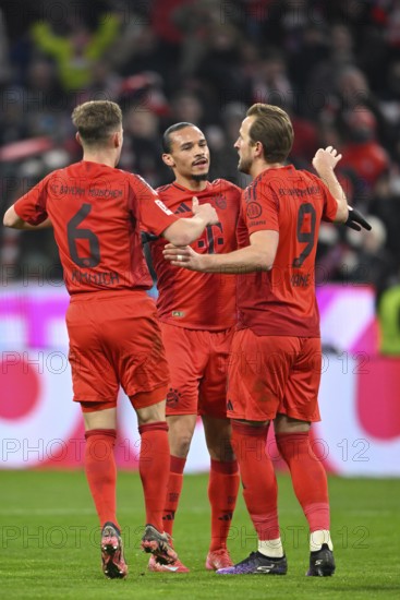 Goal celebration Harry Kane FC Bayern Munich FCB (09) (right) Leroy Sane FC Bayern Munich FCB (10) (centre) Joshua Kimmich FC Bayern Munich FCB (06) (left) Allianz Arena, Munich, Bavaria, Germany