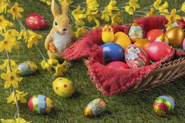 A basket full of colorful Easter eggs and a rabbit figurine with yellow flowers and chocolate eggs