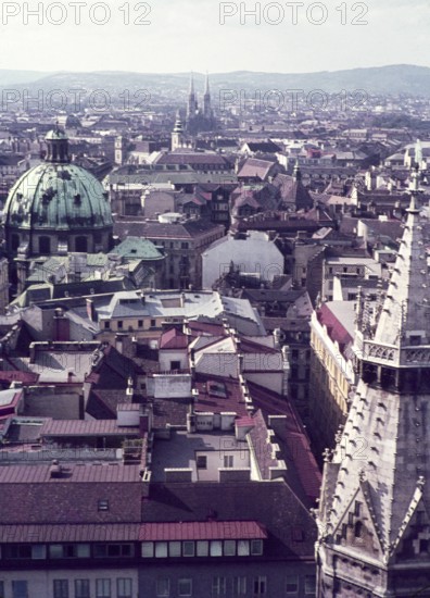 View over rooftops from Stefansdom of Vienna, Austria, early 1960s