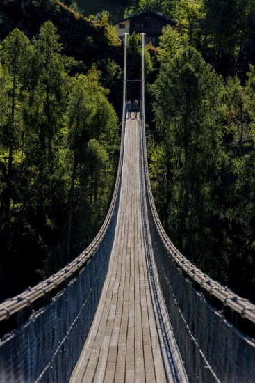 Suspension bridge in Ernen, hike, fear of heights, vertigo, courage, path, overcoming, therapy, evening light, Valais, Switzerland