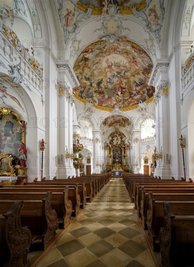 Catholic parish church of St Marinus and Anianus, former abbey church of the Benedictine monastery of Rott in rococo style, interior view, Rott am Inn, Bavaria, Germany