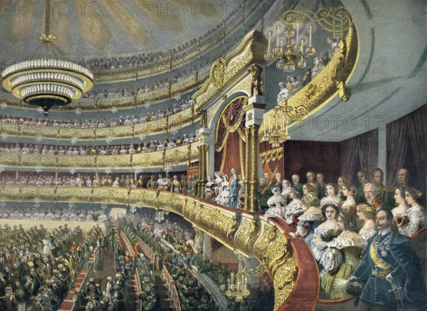 Reopening of the Bolshoi Theatre, a historic theatre in Moscow, Russia, 1856, Wiedereröffnung des Bolschoi Theaters, 1856, mit Kaiser Alexander II., Moskau, Russland