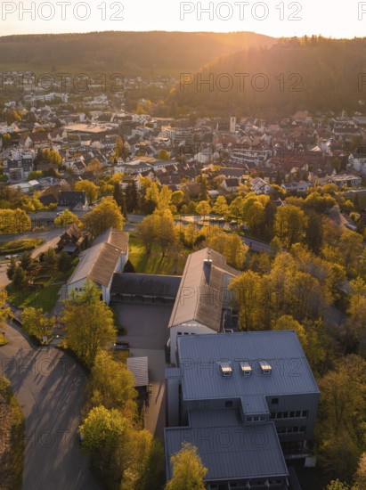 Panoramic view of the city at sunset with many trees and buildings, Nagold, Black Forest, Germany