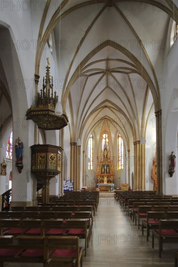 Interior view with pulpit of the neo-Gothic St. Mary's Church in Neustadt an der Weinstraße, Rhineland-Palatinate, Germany