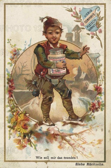 Picture series Children in various professions with Liebig glass, Liebig picture, digitally restored reproduction of a collector's picture from around 1900, public domain, exact date unknown, Cheerful boy in a snowy landscape with flowers and a Liebig Company product