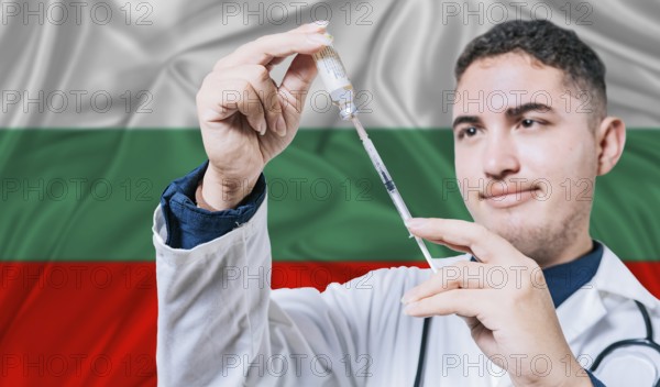 Doctor holding syringe on Bulgaria flag background. Medical professional holding syringe with Bulgarian flag in the background