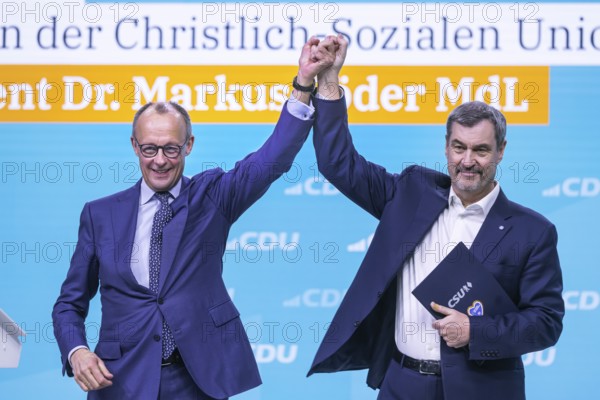 38th Federal Party Congress of the CDU of Germany in Stuttgart. Greetings from Markus Söder, party leader of the sister party CSU and Minister-President of the Free State of Bavaria. Federal Chancellor Friedrich Merz. Stuttgart, Baden-Württemberg, Germany