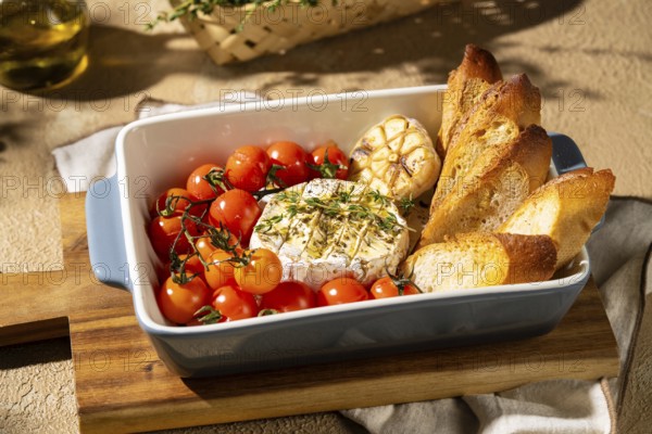 A savory dish featuring baked Camembert cheese garnished with herbs, surrounded by roasted cherry tomatoes, garlic, and crispy bread, served in a ceramic dish