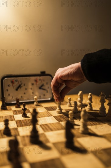 A hand moves a chess piece on a wooden board, lit warmly. An analog clock keeps time, highlighting the strategic tension and classic essence of the game