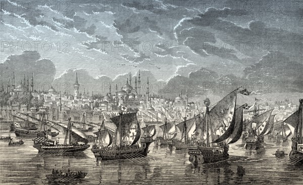 The fleet of the crusaders in front of Constantinople during the Fourth Crusade in 1203, Riva river, Turkey