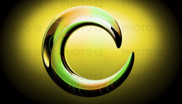 Abstract 3D illustration featuring a glossy green crescent, set against a vibrant yellow and black gradient background, exuding a futuristic and dynamic feel