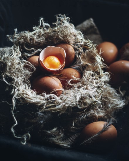 Close-up image of farm-fresh brown eggs nestled in a rustic, straw-lined nest. One egg is cracked open, displaying a vibrant yolk, creating a homely and organic atmosphere