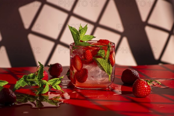 A vibrant strawberry mojito cocktail garnished with fresh mint leaves sits on a glossy red surface. The drink is surrounded by fresh strawberries, adding a touch of color